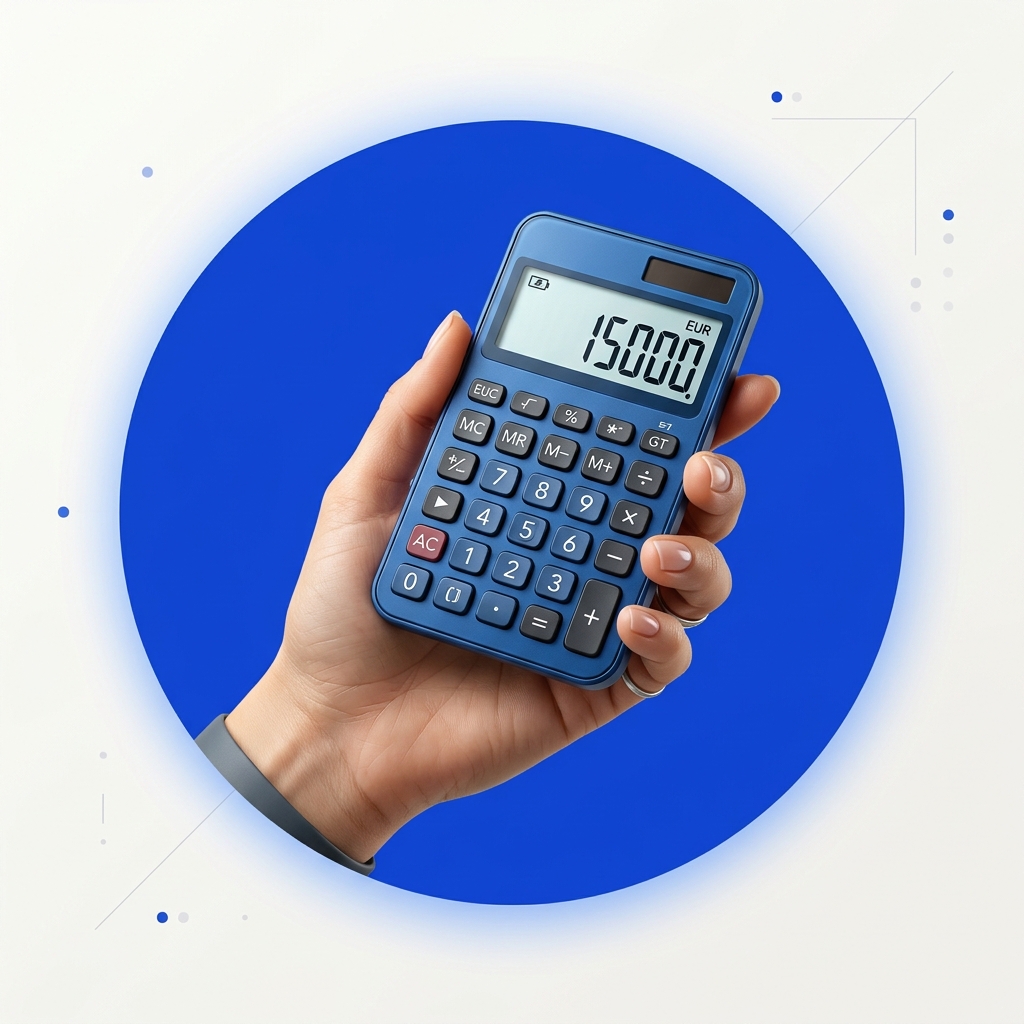 Mão segurando calculadora azul com valor 15000